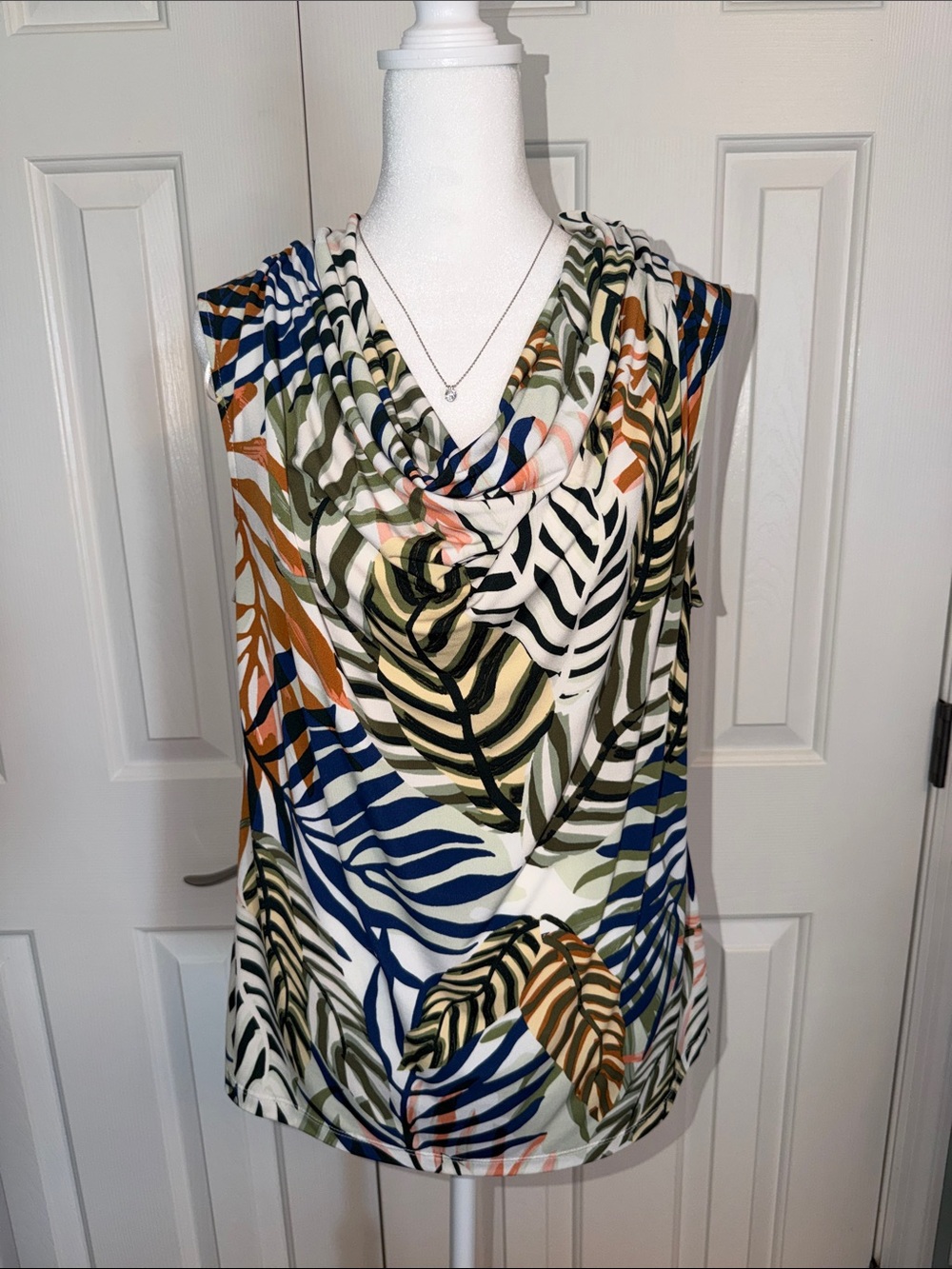 Tahari Green, Cream & Pink Printed Blouse